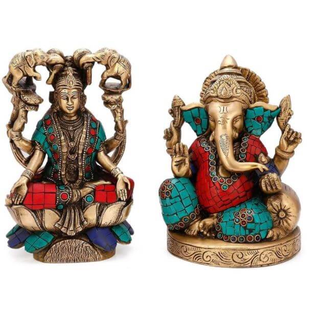 Ganesha and Goddess Lakshmi Idol - Hindu God Brass Statue